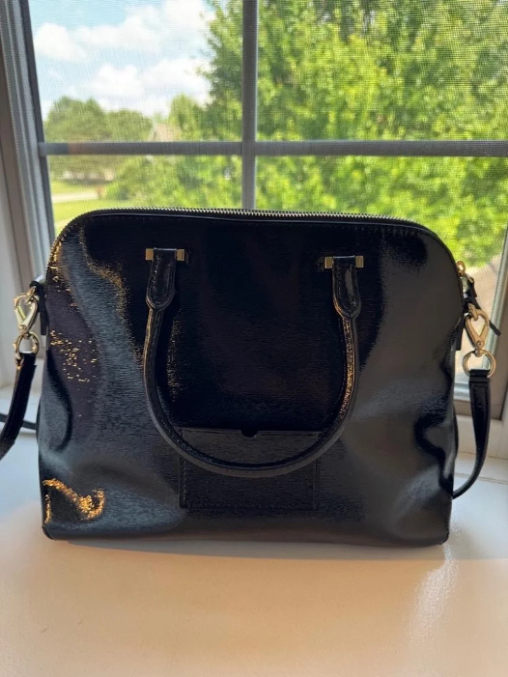 Kate Spade Cedar Street Glossy Patent Maise Satchel Black Polka Dot Lining